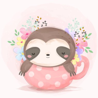 Şirin uyku tembelliği, hayvan tırmanışı, bebek partisi dekorasyonu, orman illüstrasyonu..