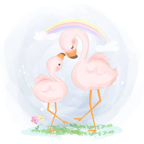 Bedårande Flamingo Moderskap Illustration Djur Clipart Baby Dusch Dekoration Skog — Stock vektor