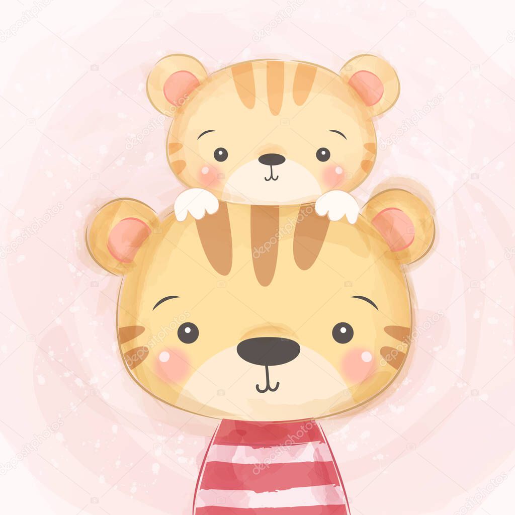 adorable tiger motherhood illustration, animal clipart, baby shower decoration, woodland illustration.