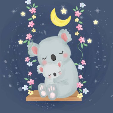 Şirin koala annelik illüstrasyonu, hayvan tırmanışı, bebek partisi süslemesi, orman illüstrasyonu.