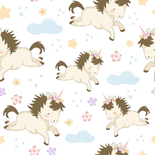 Cute unicorn repeat pattern. Nursery art background. Children's fabric pattern design.