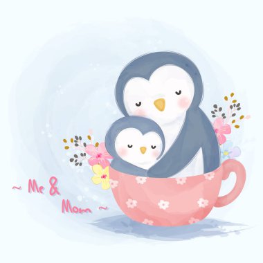 Sevimli penguen annelik illüstrasyonu, hayvan tırmanışı, bebek partisi süslemesi, orman illüstrasyonu.