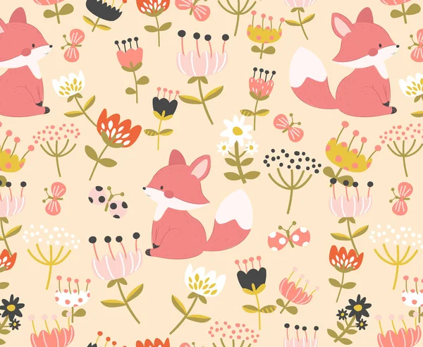 Fox and flowers repeat pattern. Nursery art background. Children's fabric pattern design.