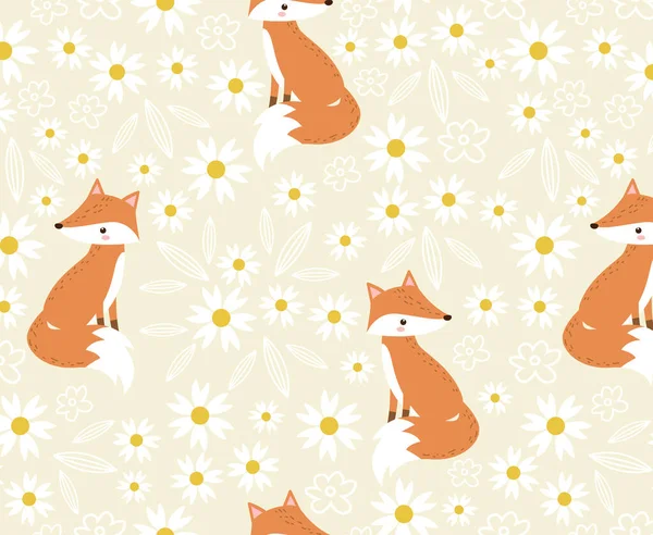 Fox and flowers in repeat pattern. Nursery art background. Children's fabric pattern design.