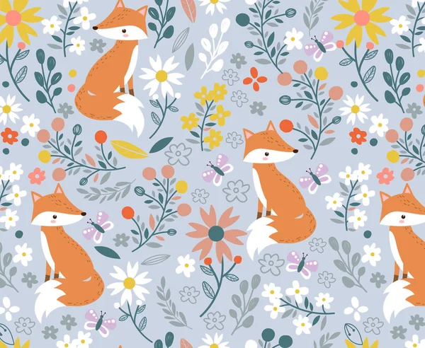 Fox and flowers in repeat pattern. Nursery art background. Children's fabric pattern design.