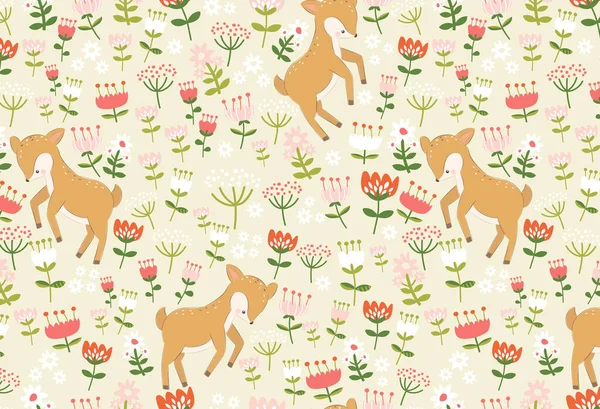 Deer and flowers repeat pattern. Beautiful retro background. Elegant fabric on light background Surface pattern design.