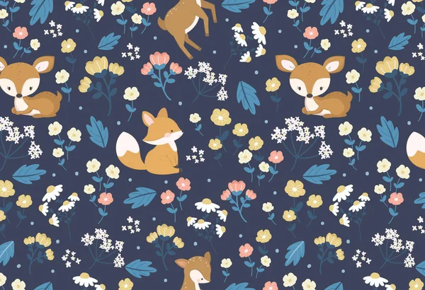 animals and flowers in a repeat patterns. Nursery art background. Children's fabric pattern design.