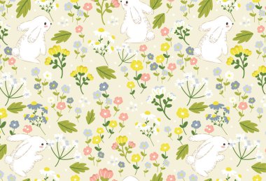 Tavşan ve Çiçeklerin doku vektörü kusursuz desen. Bahar ve yaz duvar kağıtları, arka planlar, davetiyeler, ambalaj tasarım projeleri için harika. Yüzey deseni tasarımı.