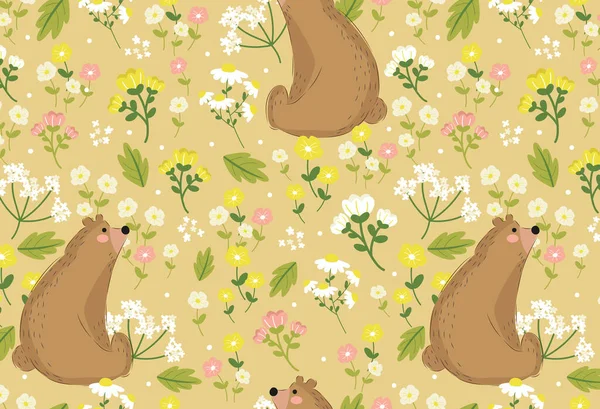Bear and Flowers texture vector seamless pattern. Great for spring and summer wallpaper, backgrounds, invitations, packaging design projects. Surface pattern design.