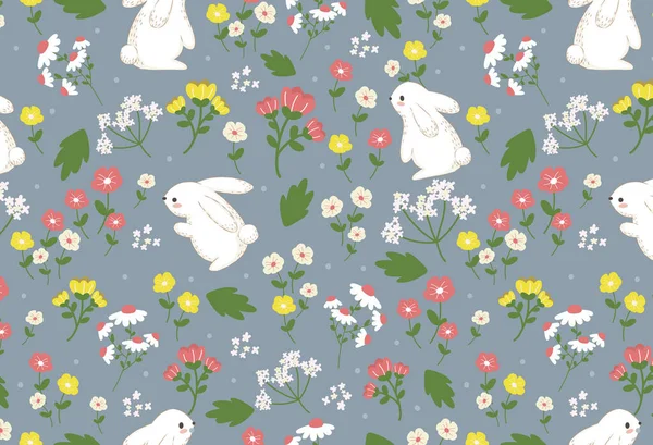 Bunny and Flowers repeat pattern. Beautiful retro background. Elegant fabric on light background Surface pattern design.