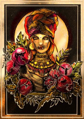 Sarıklı, büyük dudaklı, uzun örgülü, boynunda ve yuvarlak küpeli, ayın arka planında çiçek açan şakayık ve yapraklarla çevrili bir Hintli kız..