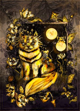 Magic forest cat, fairytale creature with a large beautiful fluffy tail and breast, with mushrooms growing on the head, with eyes and mustache, sit with mice among plants and flowers under the moons. clipart