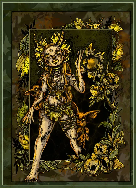 Фантастичний Персонаж Лісова Амазонка Дівчина Рогами Довгим Волоссям Сережками Великими — стокове фото