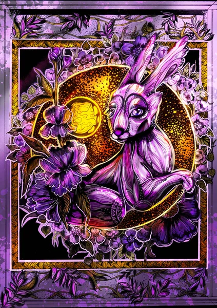 마법의 패턴이 토끼아름다운 이야기 나뭇잎 꽃으로 프레임에 — 스톡 사진