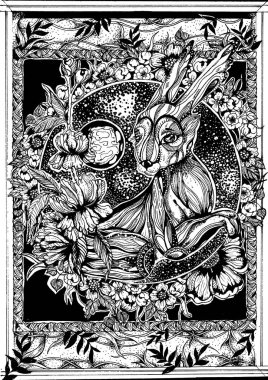 Sihirli hayvan, vücutta desenleri olan uzay tavşanı, güzel gözleri ve Ay 'ın üzerinde oturan büyük uzun kulakları olan hasır çerçeveli küçük gezegenin yanında peri masalı bitkileri, yaprakları ve çiçeklerle çevrili..