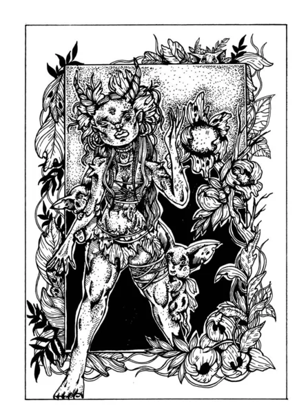 Персонаж Фантазии Лесная Амазонка Рогами Длинными Волосами Серьгами Большими Губами — стоковый вектор
