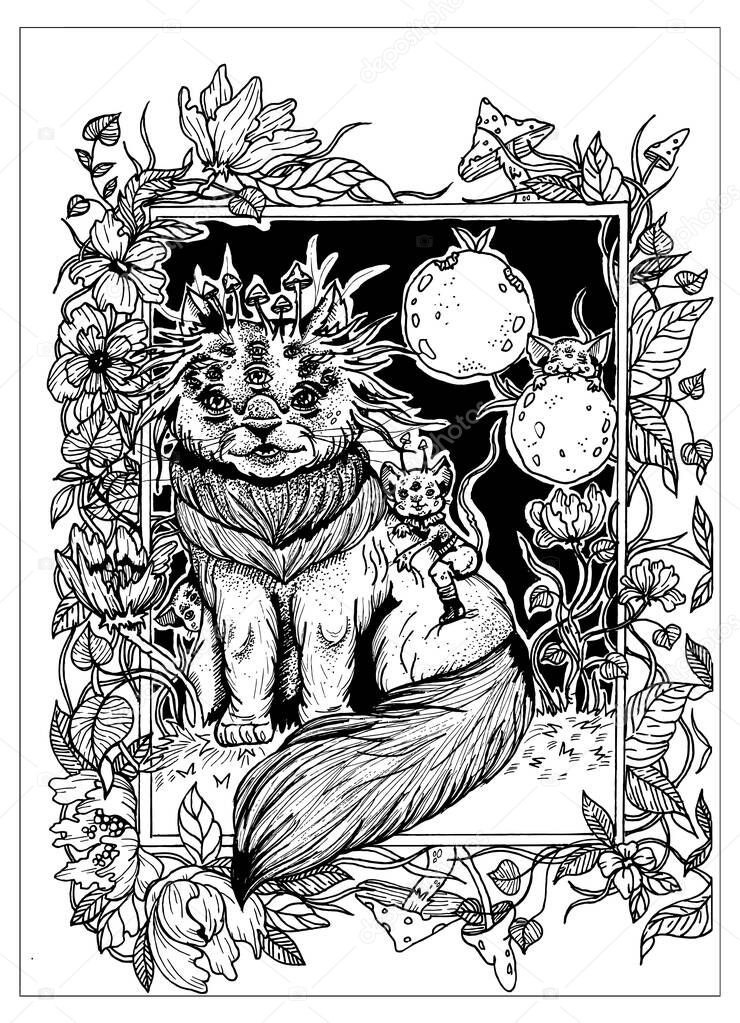 Magic forest cat, fairytale creature with a large beautiful fluffy tail and breast, with mushrooms growing on the head, with eyes and mustache, sit with mice among plants and flowers under the moons.