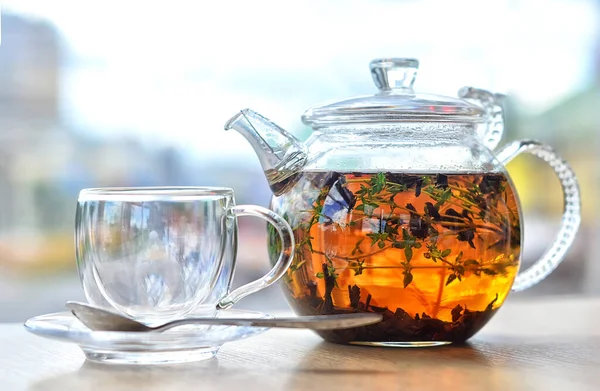 Kettle Glass Com Tea Copo Vidro Empty — Fotografia de Stock