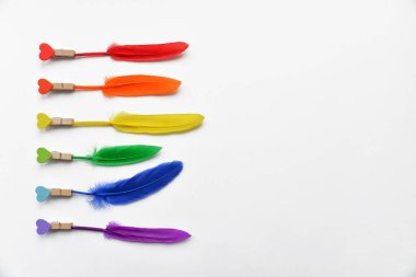 LGBT bayrağı beyaz arka planda izole edilmiş. LGBT gay onur sembolünün gökkuşağı renkli tüyleri. Uzayı kopyala, afiş