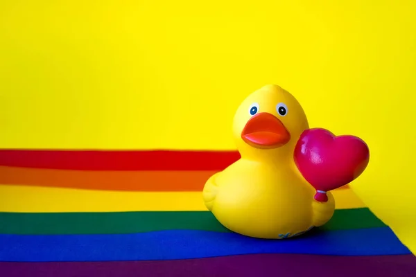 Yellow Rubber Duck Heart Lgbt Flag Yellow Background Valentine Day — Stock Photo, Image