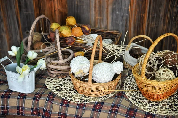 decoration elements - props for the interior in Provence style - flowers in a wicker basket