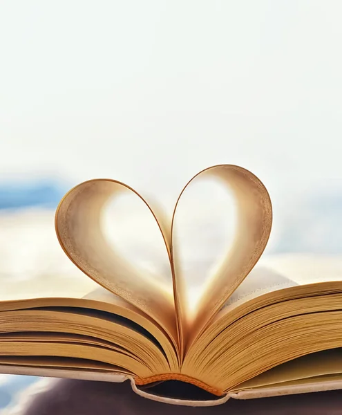 Kalp şeklinde sayfaları olan açık bir kitap. Sevgililer Günü konsepti. Aşkın sembolü 