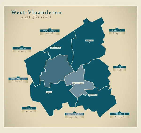 Moderna karta - West-Vlaanderen vara — Stock vektor
