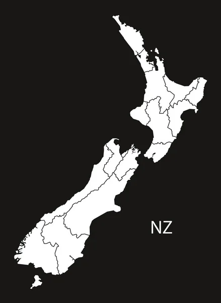 Nuova Zelanda Mappa con stati bianco nero — Vettoriale Stock