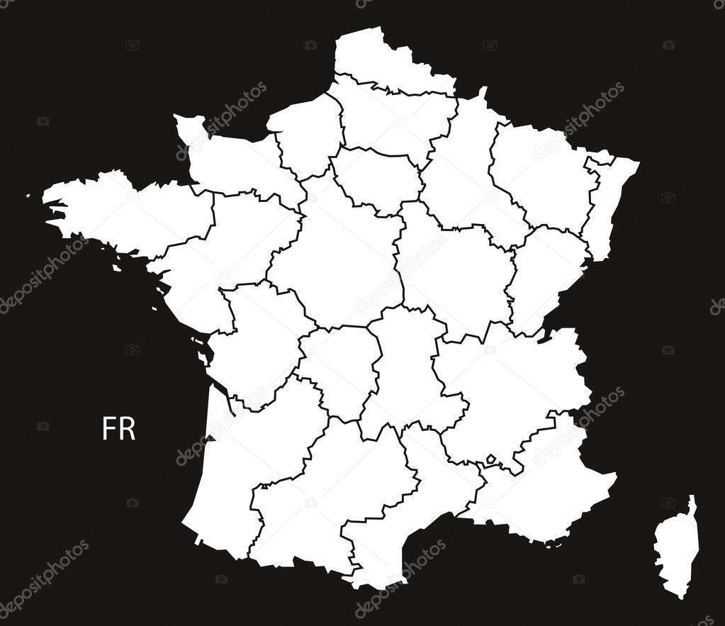 France Map with regions  black white