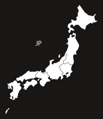 Bölgeler harita siyah ve beyaz Japonya