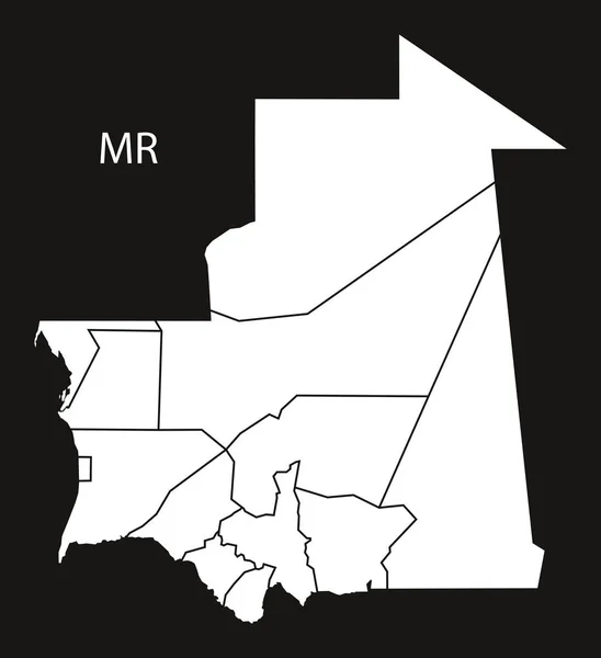 Regiões da Mauritânia Mapa preto e branco —  Vetores de Stock