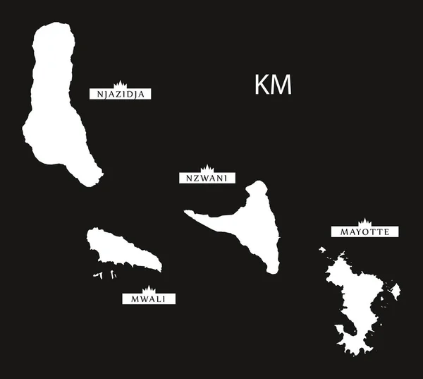科摩罗与地区详细地图黑色和白色 — 图库矢量图片
