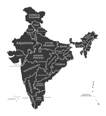 India Map labelled black clipart