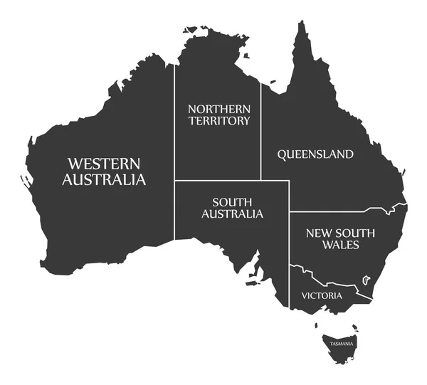 Austrália Mapa com estados e rotulado de preto —  Vetores de Stock