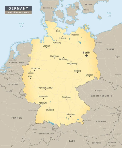 Alemania mapa vista general con calles y ciudades — Vector de stock