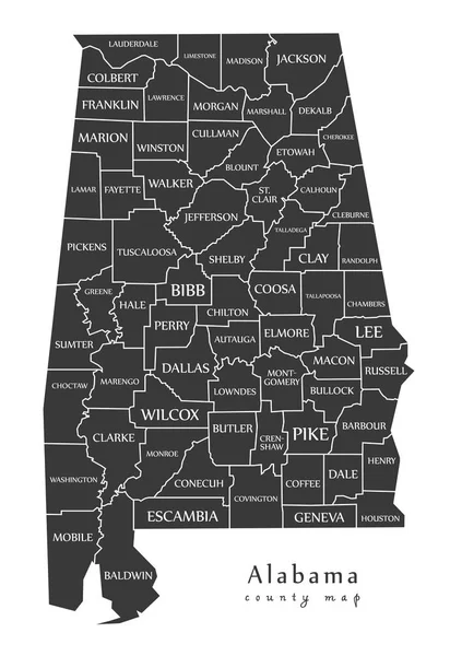 Modern Térkép - Alabama megyei Térkép címkék Usa illusztráció — Stock Vector