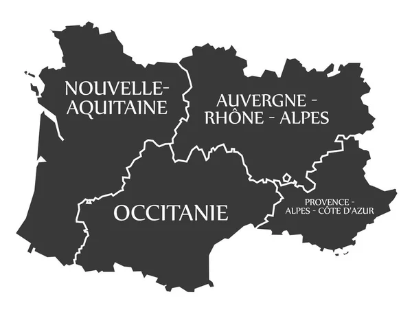 Nouvelle - Aquitaine - Occitanie - Auvergne - Provence Map Franc — Stock Vector