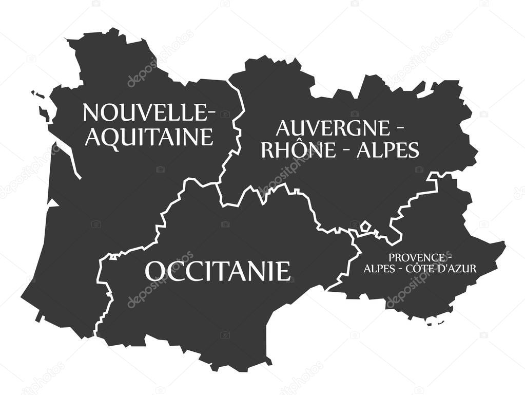 Nouvelle - Aquitaine - Occitanie - Auvergne - Provence Map Franc