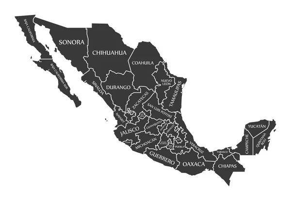 Mexiko-Karte schwarz beschriftet — Stockvektor