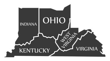 Indiana - Kentucky - Batı Virginia - Virginia - Ohio harita labelle