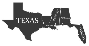 Texas - Louisiana - Mississippi - Alabama - Florida etiketli harita