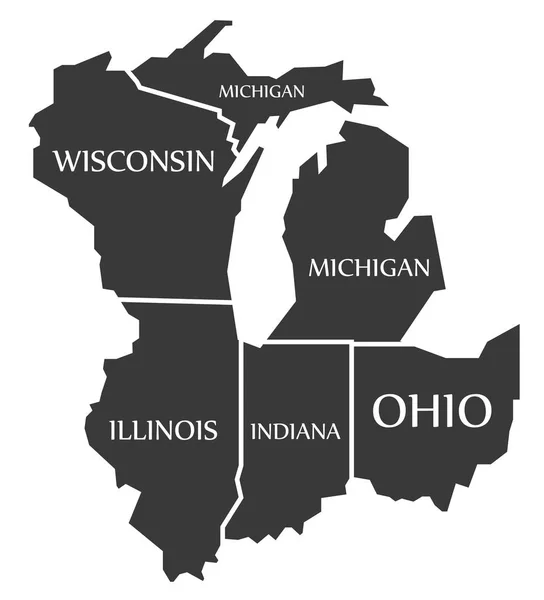 Michigan - Wisconsin - Illinois - Indiana - Ohio harita bl etiketli