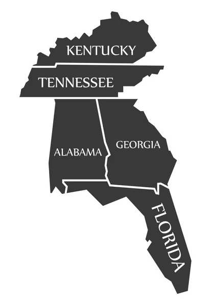 Kentucky - Tennessee - Alabama - Géorgie - Floride Carte étiquetée — Image vectorielle