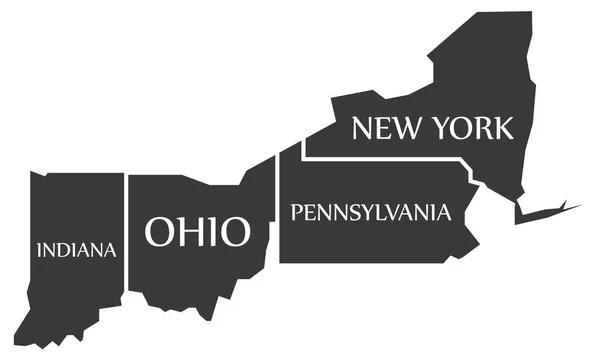 Indiana - Ohio - Pennsylvania - New York Map berlabel hitam - Stok Vektor