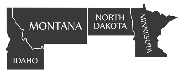 Idaho - Montana - Dakota do Norte - Minnesota Mapa rotulado de preto —  Vetores de Stock
