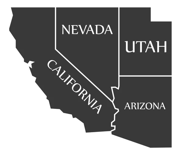 California - Nevada - Utah - Arizona siyah etiketli harita — Stok Vektör