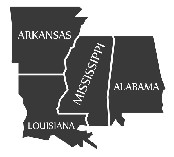 Arkansas - Louisiana - Mississippi - Alabama megjelenítése címkézni fekete — Stock Vector
