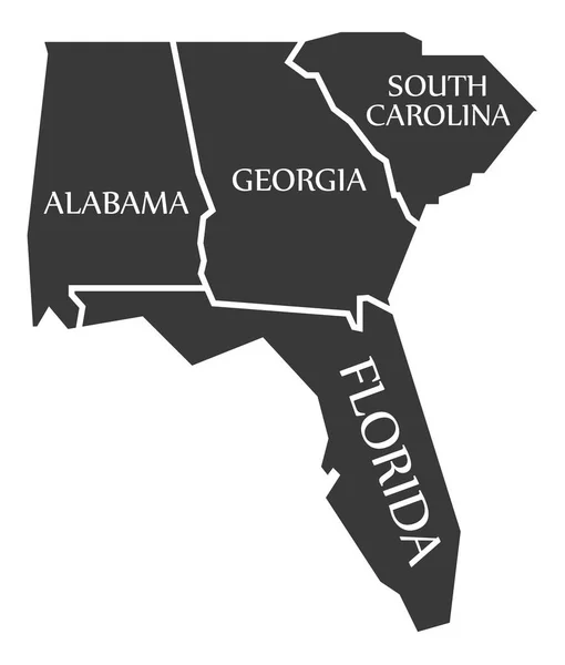 Alabama - Géorgie - Caroline du Sud - Floride Carte marquée en noir — Image vectorielle