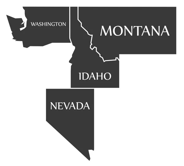 Washington - Montana - Idaho - Nevada kaart geëtiketteerd zwart — Stockvector