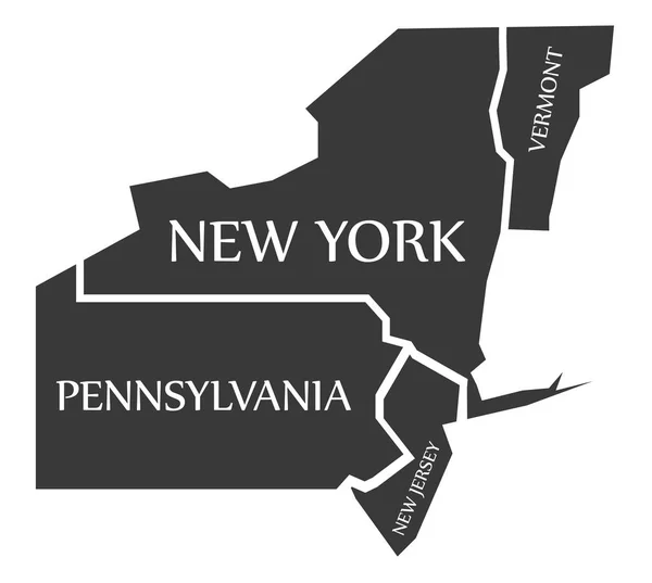 Vermont - New York - Pennsylvania - ny Jersey karta märkt blac — Stock vektor
